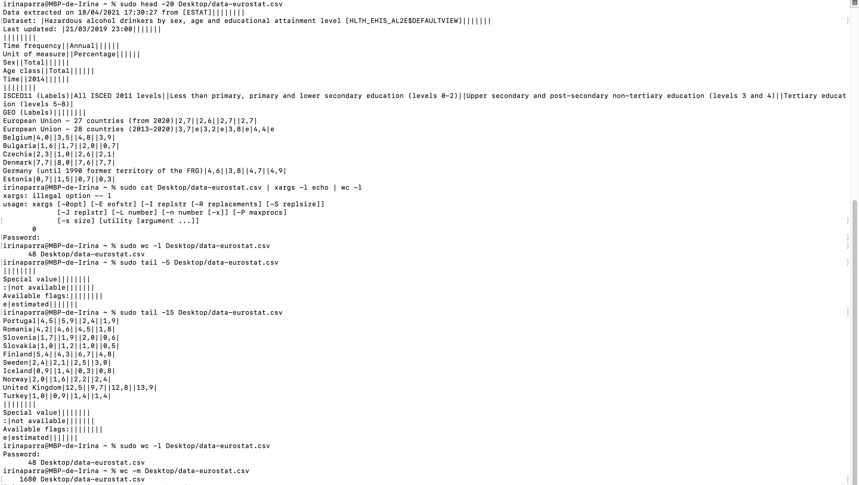 Contamos las líneas, caracteres y vemos las del inicio y final desde el terminal